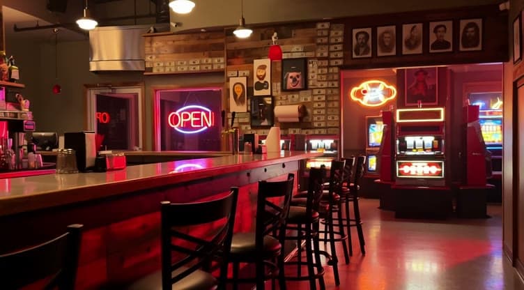A red-lit bar at night with an OPEN neon sign