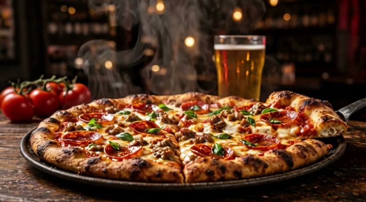 A thin-crust pizza with a slice lifting and stretching cheese
