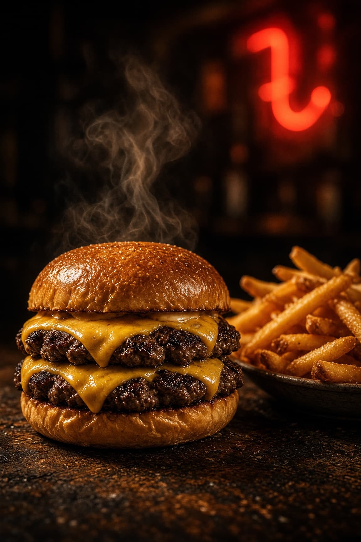 A double smash cheeseburger with fries
