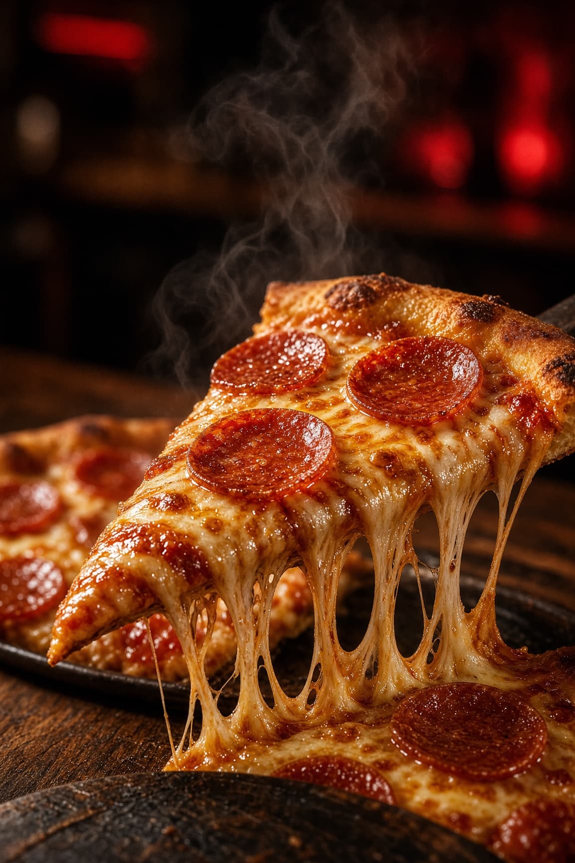 Slice of thin-crust pepperoni pizza with stretching cheese