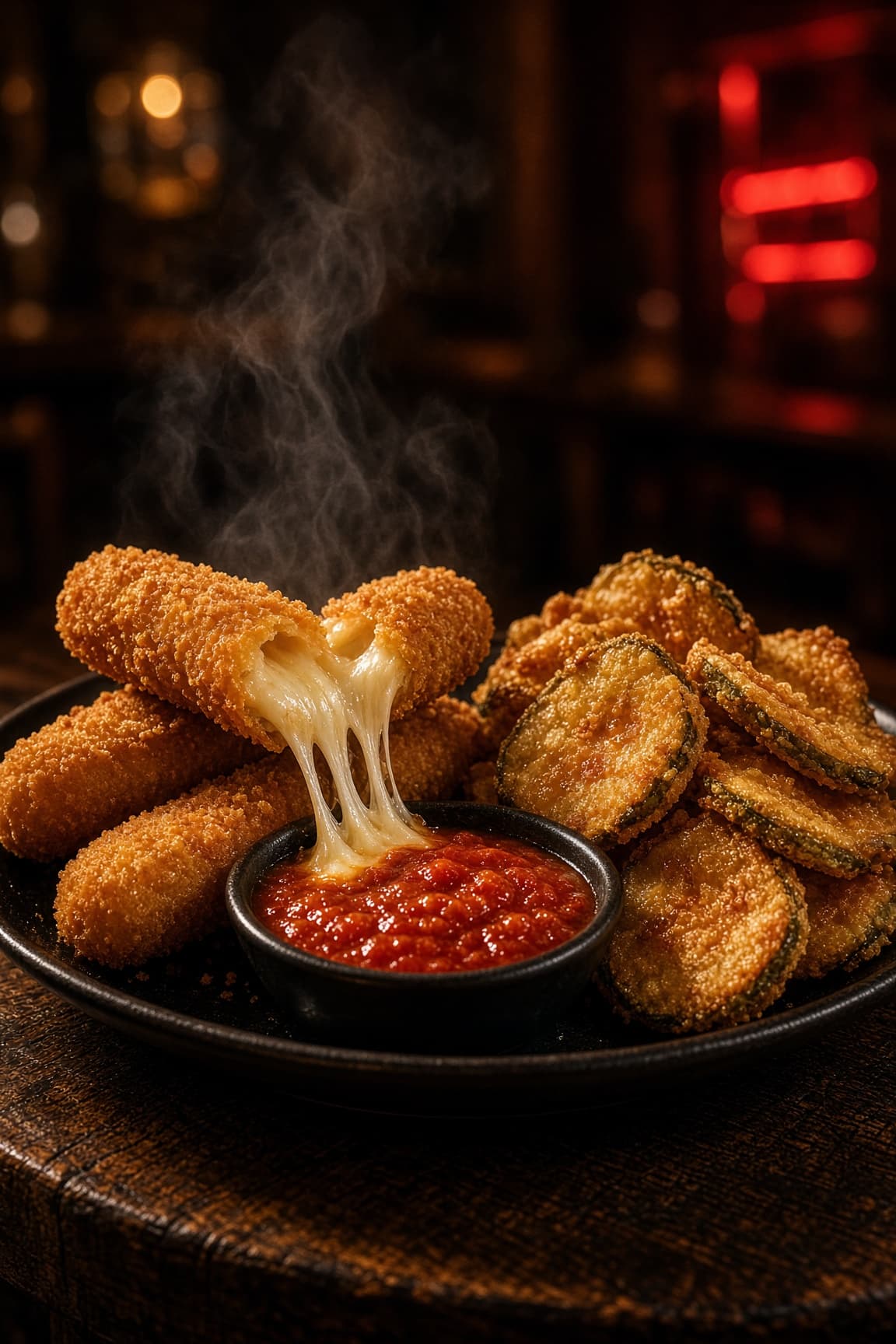 Mozzarella sticks and fried pickles with marinara