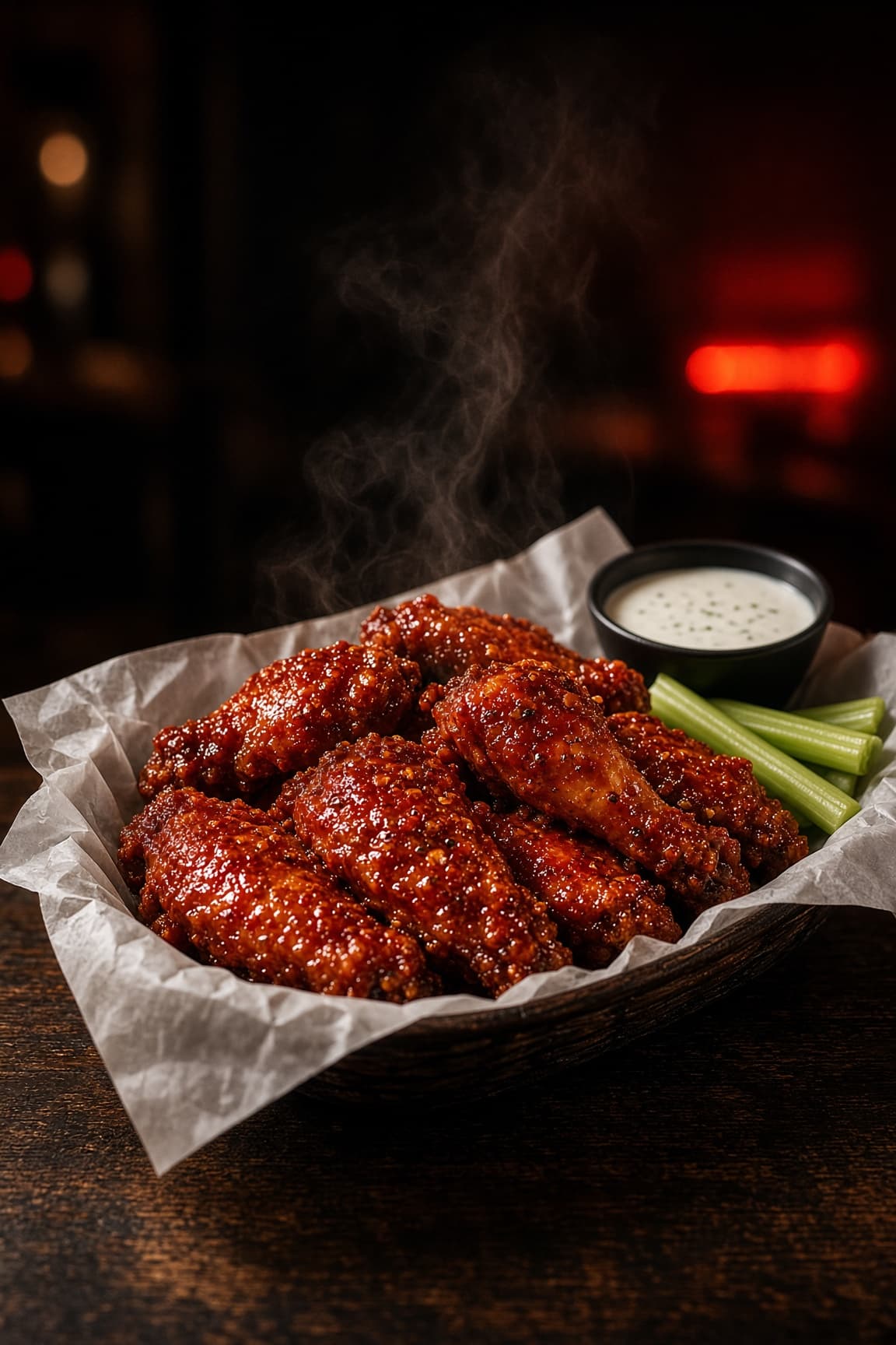 Basket of sauced chicken wings with celery and ranch