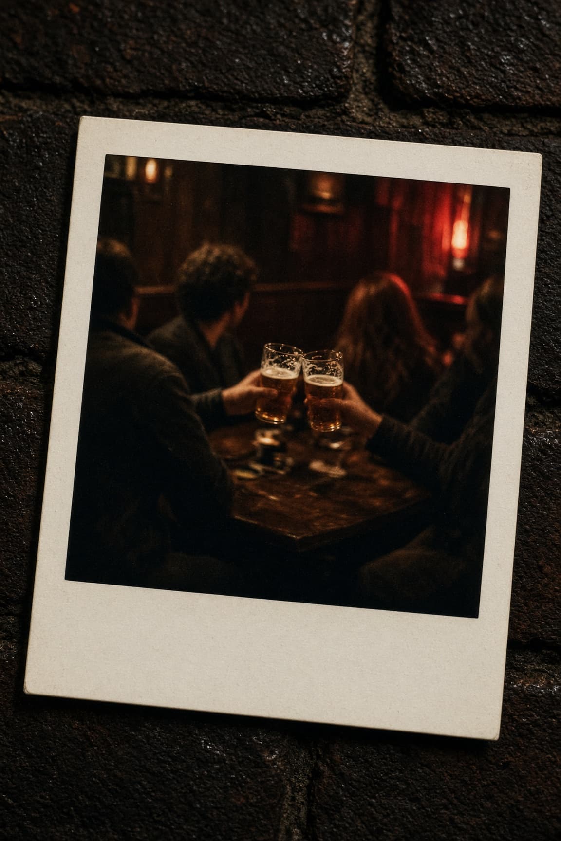 Demo polaroid of friends toasting at a pub table