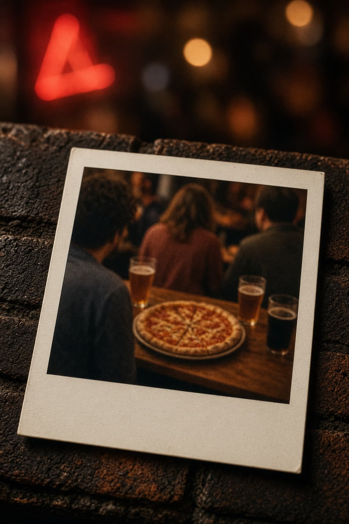 Demo polaroid of a pizza on a pub table